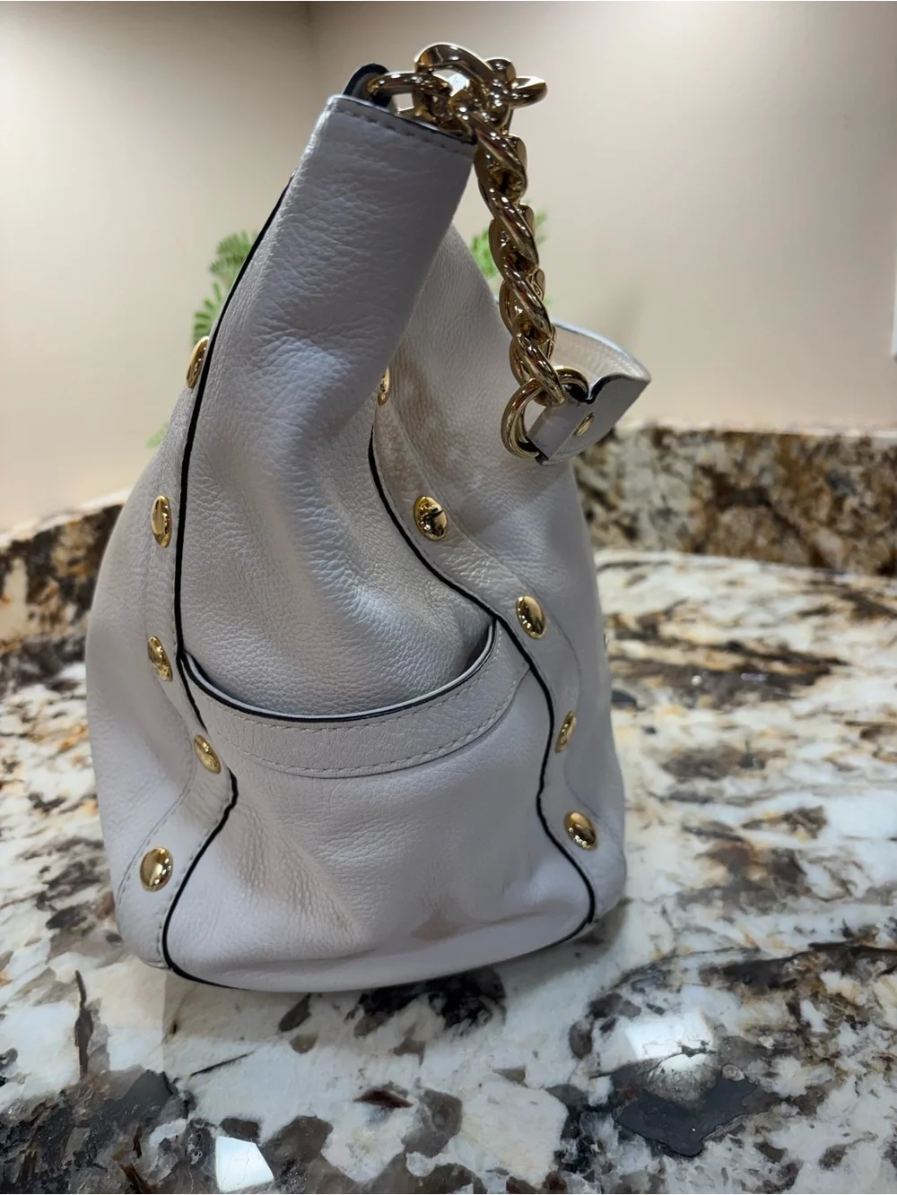 Michael Kors White Pebbled Leather Shoulder Tote with Gold Chain Detail
